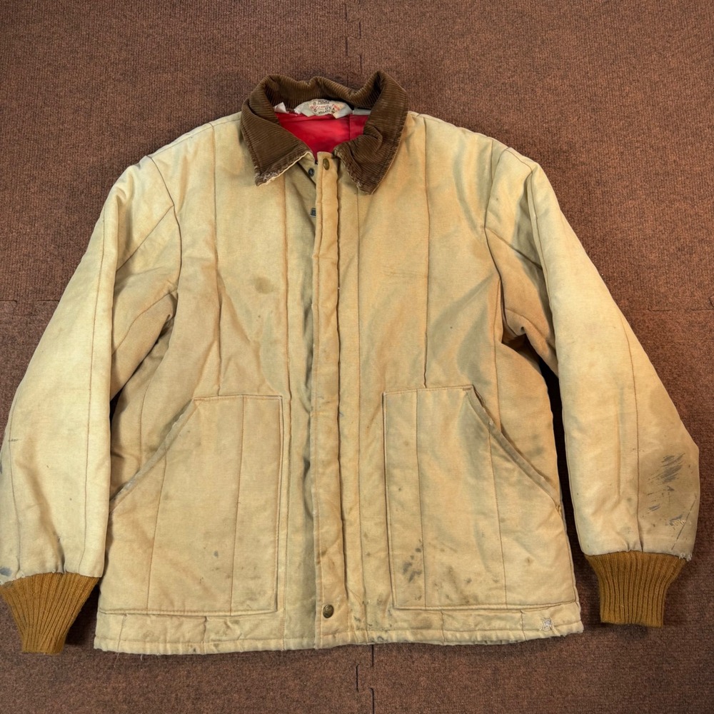 Walls Blizzard-Pruf Men Canvas Work Jacket Tan Insulated Corduroy Collar Vintage